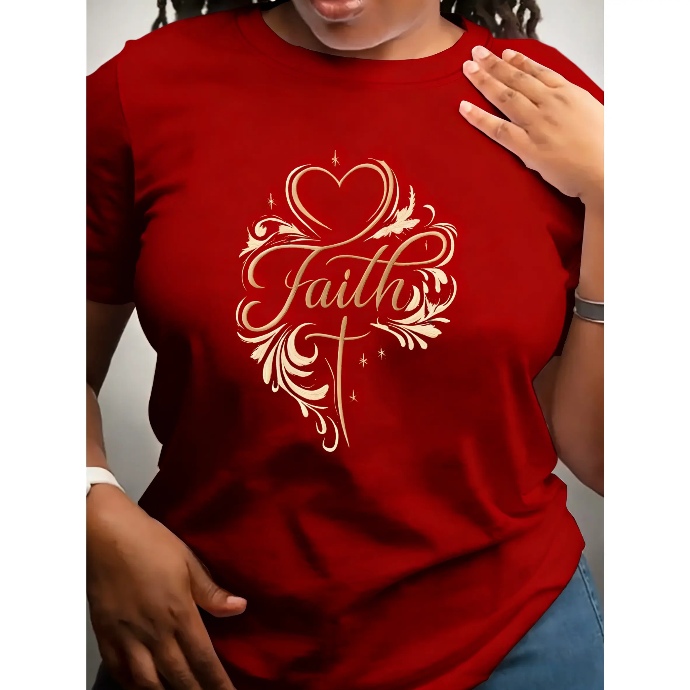 Women's 100% Cotton Basic Short-Sleeve Graphic T-Shirt - Round Neck, "Faith" Art-Style Heart & Letter Print, Smooth Fabric, Soft Breathable Polyester Blend, Medium Elasticity, Machine Washable, Casual Fit