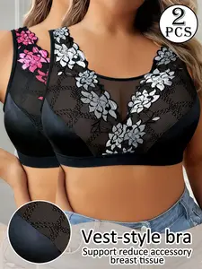 2-Pack Lace Trim Plus Size Lingerie Bras, Wireless Medium Support, Sexy Colorblock Floral Design, All-Season Comfortable Fit