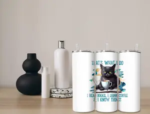 I Know Things 20 oz. skinny tumbler with leak-proof slide closed lid, non-skid bottom, straw and straw cleaner brush in gift box Cup Drinkware Stainless Steel Dye Handmade Cat Glasses Cute Funny Whimsical Coffee Read Books