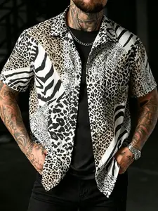 Men's Leopard and Zebra Print Striped Short Sleeve Shirt, Street Style Inspiration, Trendy Fashion Top for Casual Wear