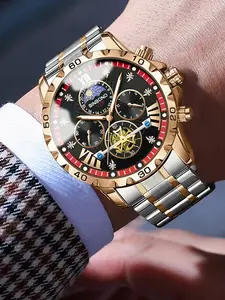 A men's new model with diamond accents, retro Roman numeral hour markers, three-eye design featuring day/night and celestial motifs, large Arabic numerals, multifunctional luminous and water-resistant quartz watch, Stylish Watch