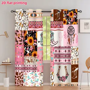 2D Flat 2Pcs Western Cowgirl Patchwork Curtain Panel, Grommet Curtains, Pink Boho Aztec Sunflower Boots Horse Floral Pattern, Perforated Design, Semi Sunshade, Suitable for Living Room Bedroom Balcony Kitchen, Home Decorative Curtain