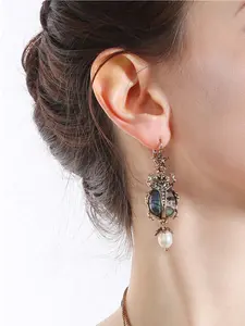 Vintage Shell Insect Beetle Earrings with Rhinestones and Pearls, Bohemian Style Unisex Jewelry, Unique Retro Design, Boho Style Jewelry