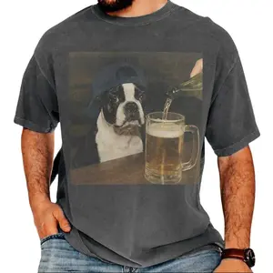 Boston Terrier Drinking Beer Shirt, Silly Sarcastic Pom Novelty Meme Graphic Tee, Funny Dog Gift Men Women, gift for her, him, Womenswear Top