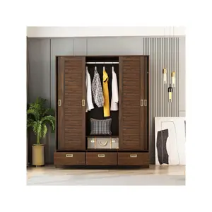 Large Wardrobe Armoire with 4 Sliding Doors, 3 Drawers, Storage Shelves, Wooden Closet Storage Cabinet for Bedroom, Brown (59.1”W x 20.9”D x 70.9”H)