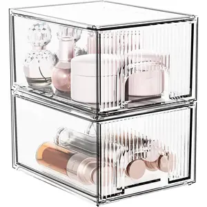 BASIC SUPPLY 2 Pack Striped Clear Stackable Storage Drawer Organizer Acrylic Makeup Drawers Organizer, Makeup Organizer Box with Drawers for Skincare Vanity Bathroom Pantry Organization Gift