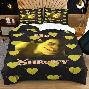 Shrek Pattern Printed Soft Durable Bedding Set, Modern Aesthetic, Includes 1 Fitted Sheet and 1 or 2 Pillowcases, Excluding The Core And Pillow Core, Modern Style Bedroom Decor Gift