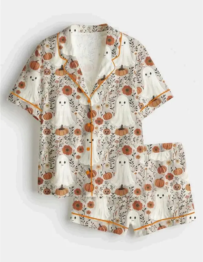 Women’s Cute Ghost Pumpkin Floral Pajama Set, Fall Halloween Print Sleepwear, Short & Long Button Down Pajamas