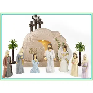 Easter Decorations for Home – 11 Pieces LED Resurrection Scene Set with Empty Tomb & Cross Shaped Resin Table Decor, Jesus Statue Set, Christian Easter Table Decorations & Mantel Decorations