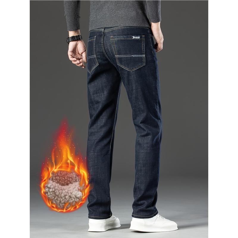 Men's Winter Warm Fleece-Lined Jeans - Thickened Elastic Straight-Leg ...