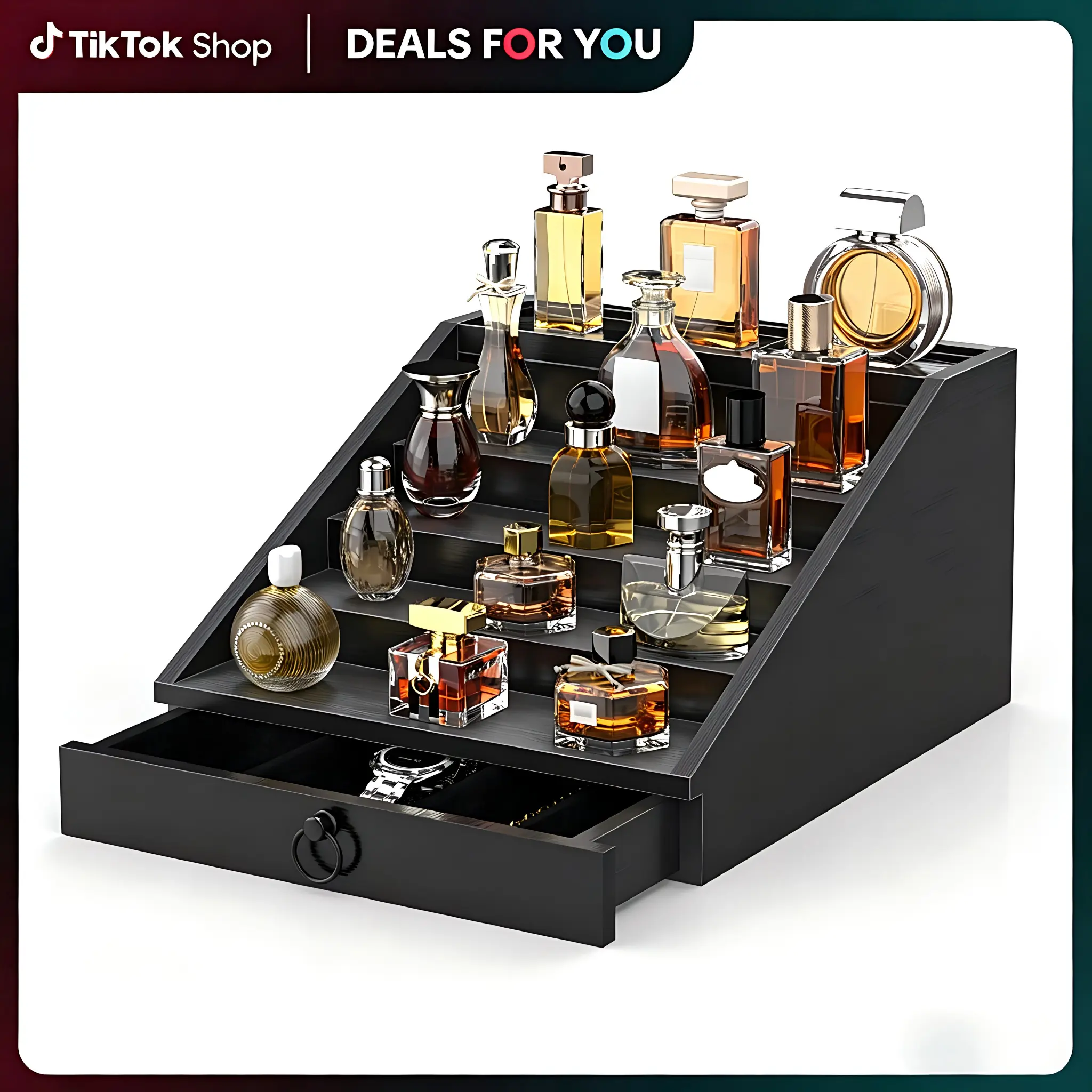 4-Tier Black Wooden Step-Type Cologne Organizer with Storage Drawer, Perfume Display Holder, Desktop Stand, Thoughtful Gift for Birthdays & Special Occasions, Bathroom Dresser Vanity Countertop Storage Rack