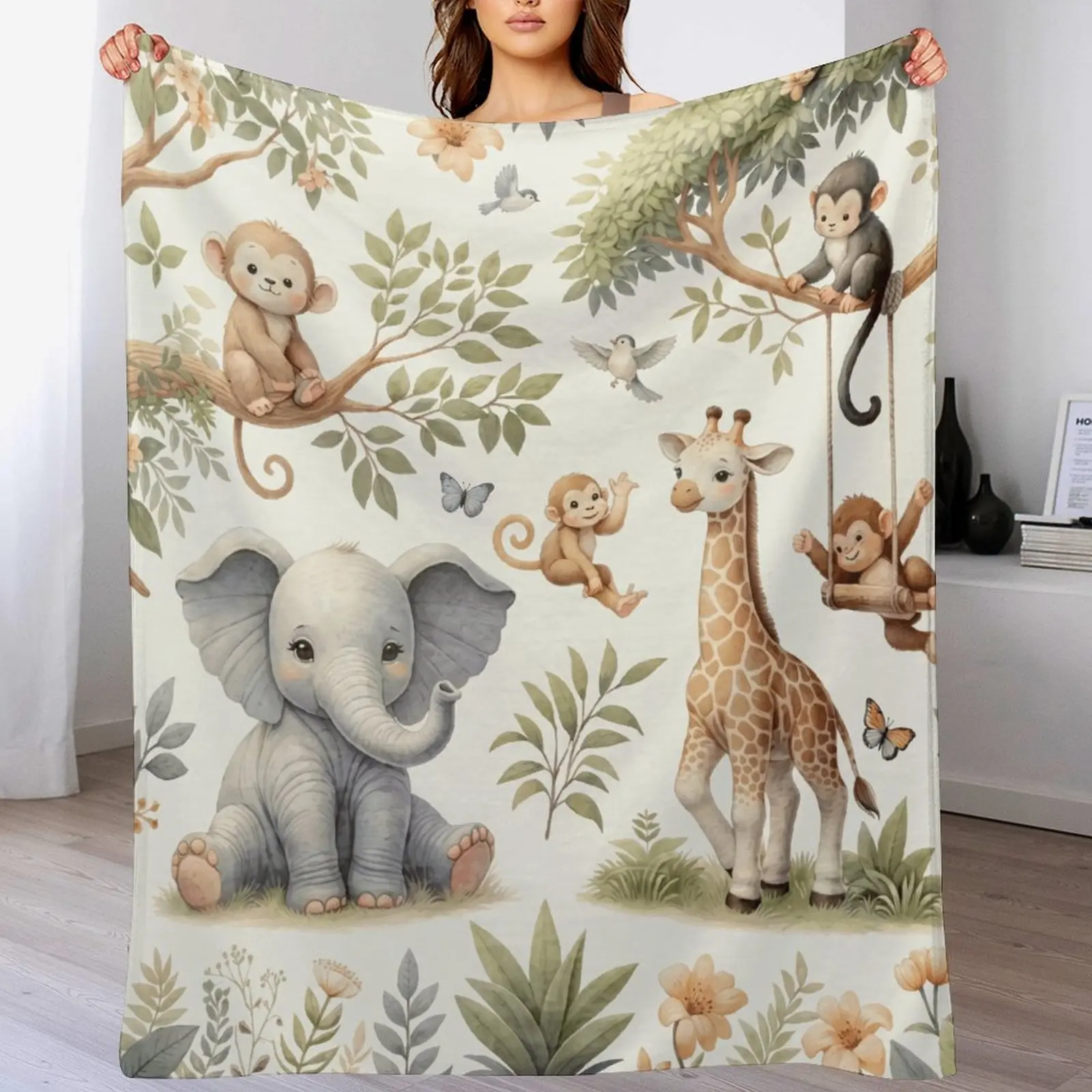 Watercolor Animal Safari Blanket - Soft Neutral Crib Throw for Infant Baby Child, All-Seasons Nursery Blanket with Elephant, Giraffe & Monkey Designs