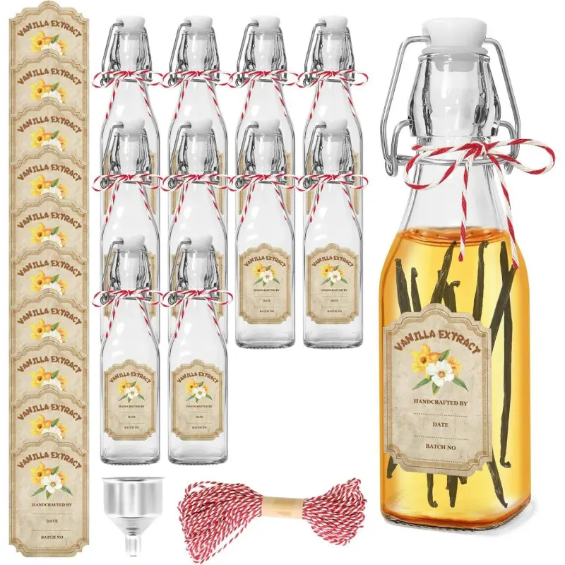 10 Pack  Glass Vanilla Extract Bottles 8 oz with Lids, Vanilla Extract Labels and Funnel, Glass Boston Vanilla Bottles for Syrup Gift, Flip Top Glass Bottles Jars for Vanilla Extract
