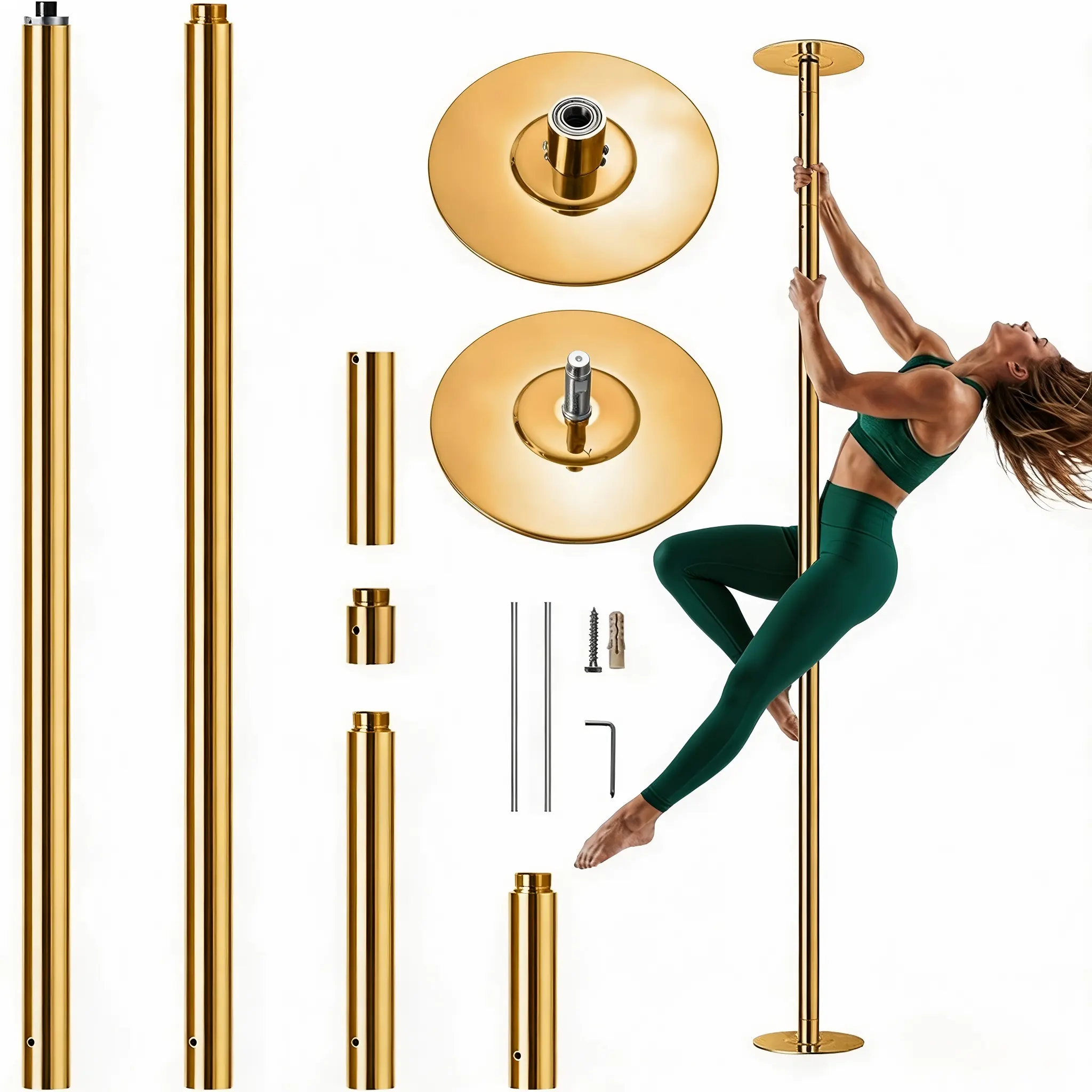 Adjustable Gymnastics & Dancing Pole Complete Kit - Heavy-Duty Steel, 85-108.5in Height-Adjustable, Removable Spinning-Static Dual Mode, No-Drill Installation, 200kg/441lbs Max Capacity, Floor Protection, Portable Sports Training Equipment for Home, Gym
