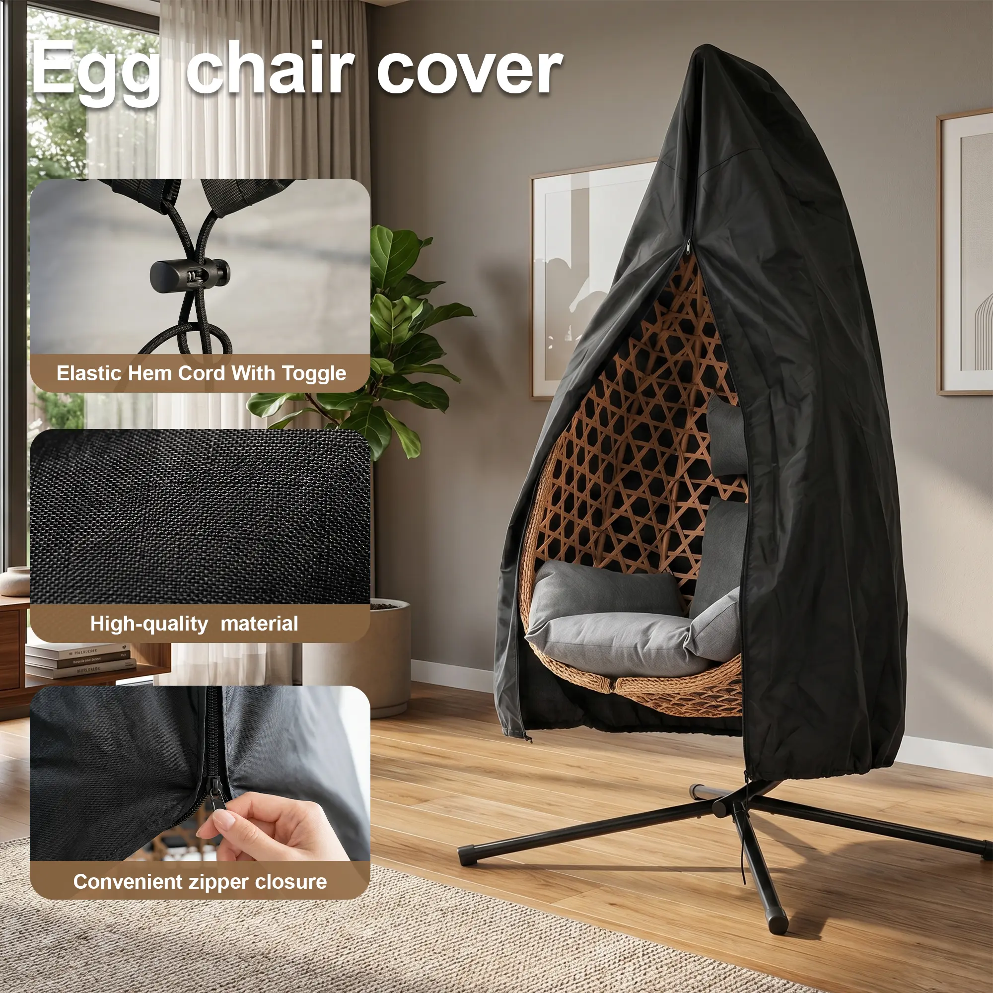 Outdoor Egg Single Chair Cover with Zipper, Waterproof All-Weather Hanging Swing Chair Protector, Fits Most Single Wicker Egg Chairs with Stand, Black
