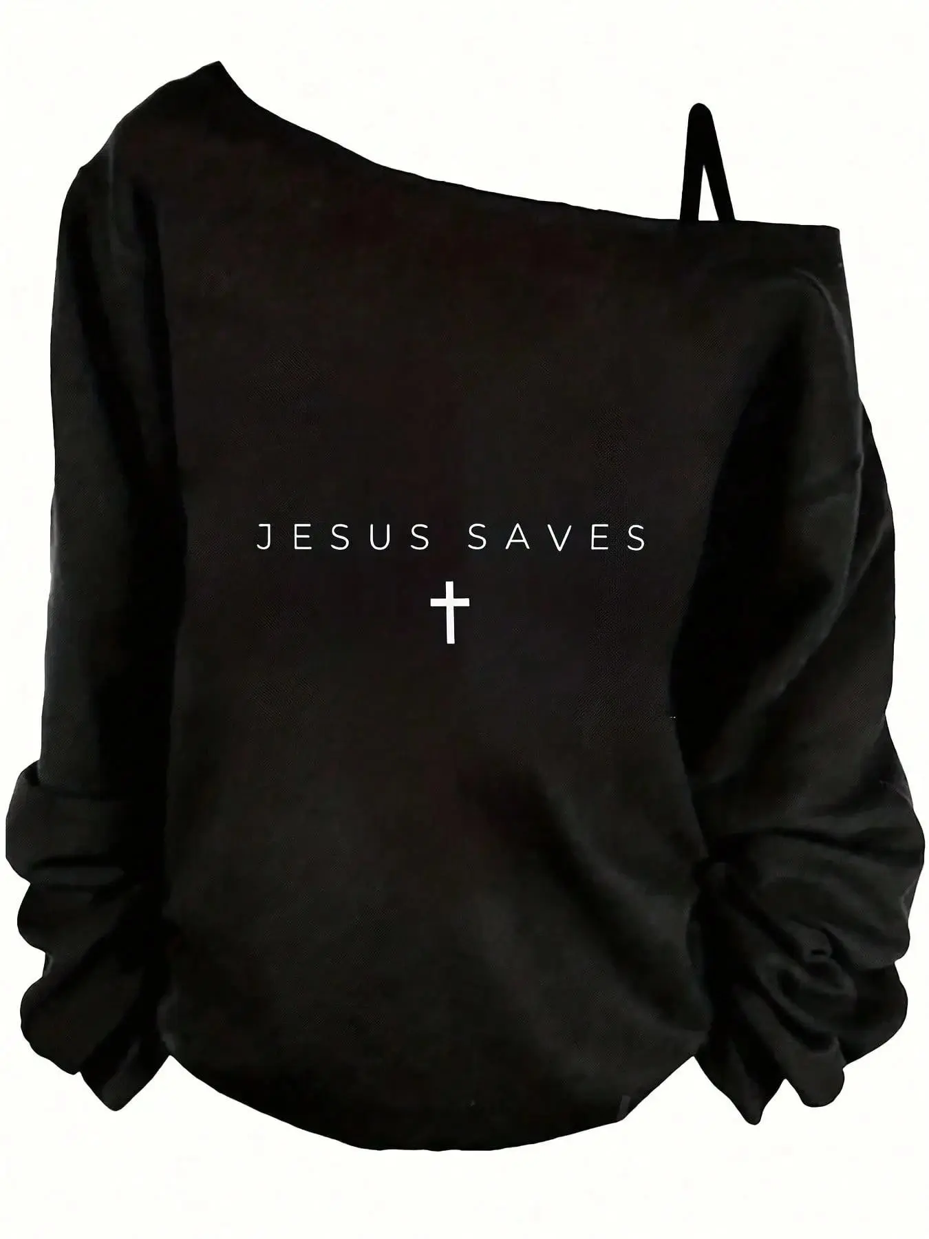 Womens Off-The-Shoulder Black Graphic Sweatshirt, Faith Graphic Pullover, Long Sleeve, Jesus Saves Cross Print Outfit, Soft Fabric Casual Daily Streetwear, Comfy Loose Fit, Religious-Inspired Design, TikTok Fashion Top, Stylis
