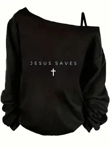 Womens Off-The-Shoulder Black Graphic Sweatshirt, Womenswear, Long Sleeve, Jesus Saves Cross Print Outfit, Religious Motifs, Soft Fabric Casual Daily Streetwear, Lazy Girl OOTD, Comfy Loose Fit, Religious-Inspired Design, TikTok Fashion Top, Stylis