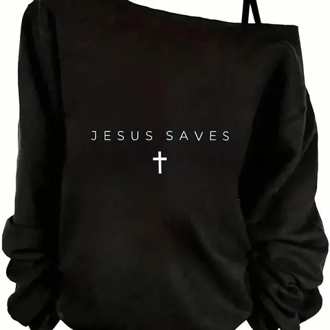Womens Off-The-Shoulder Black Graphic Sweatshirt, Viral Edgy Aesthetic Jesus Saves Cross Print Outfit, Soft Fabric Casual Daily Streetwear, Lazy Girl OOTD, Comfy Loose Fit, Oversized, Cool Religious-Inspired Design, Must-Have TikTok Fashion Top, Stylis