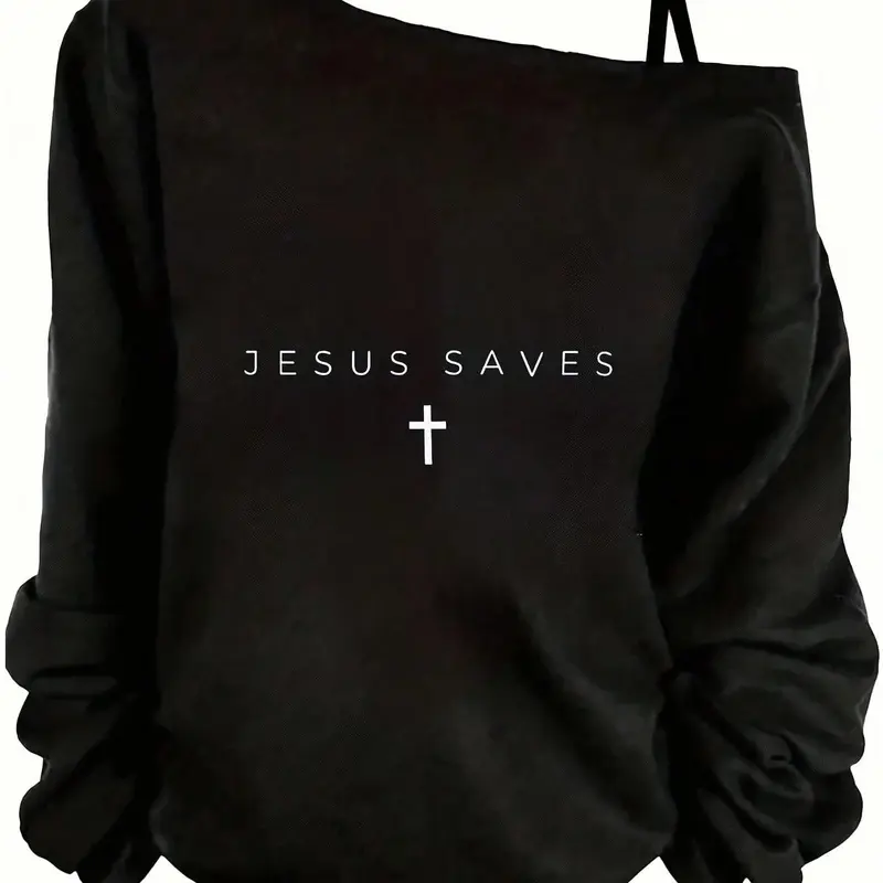 Womens Off-The-Shoulder Black Graphic Sweatshirt, Viral Edgy Aesthetic Jesus Saves Cross Print Outfit, Soft Fabric Casual Daily Streetwear, Lazy Girl OOTD, Comfy Loose Fit, Oversized, Cool Religious-Inspired Design, Must-Have TikTok Fashion Top, Stylis