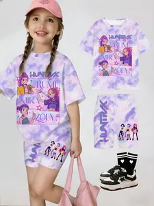 Girls' Summer Kpop Series T-Shirt Shorts Set, Huntrix Character Dye Split Cartoon Print, Casual Streetwear, Gift for Kids, Outdoor Wear