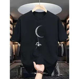 Fashion TrendsMen's Astronaut & Moon Pattern T-Shirt - Casual Summer Crew Neck Short Sleeve Shirt Soft Blend Machine Washable Comfortable Fit