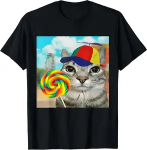 Cat Holding Candy Lollipop Funny Propeller Kitten Meme Joke T-Shirt