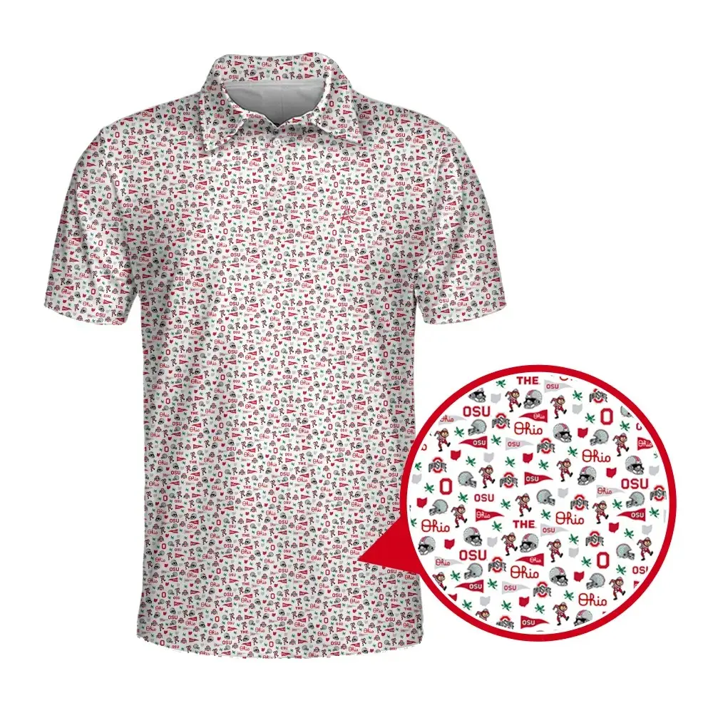 Men’s White Golf Polo with Red Mini Icons and Classic Fairway Style Made in USA