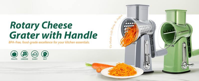 SUSTEAS Rotary Food Grater with Handle, Comes with 5 Well-Designed Blades and Strong Suction Cup Base, Comes with 1 Blade Storage Box Kitchen Vegetable Cutting Slicer Vegetable Cutter Utensils Green
