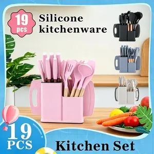 XBJ 19-Piece Stainless Steel Kitchen Cutlery & Utensil Set - Blush Pink & White Wooden Handles, Non-Stick Pots, Pans, Silicone Utensils, Spatula, Heat-Resistant Ladle, Organiser, Cutting Board, Kitchen Supplies, Ideal for Gifting Occasions