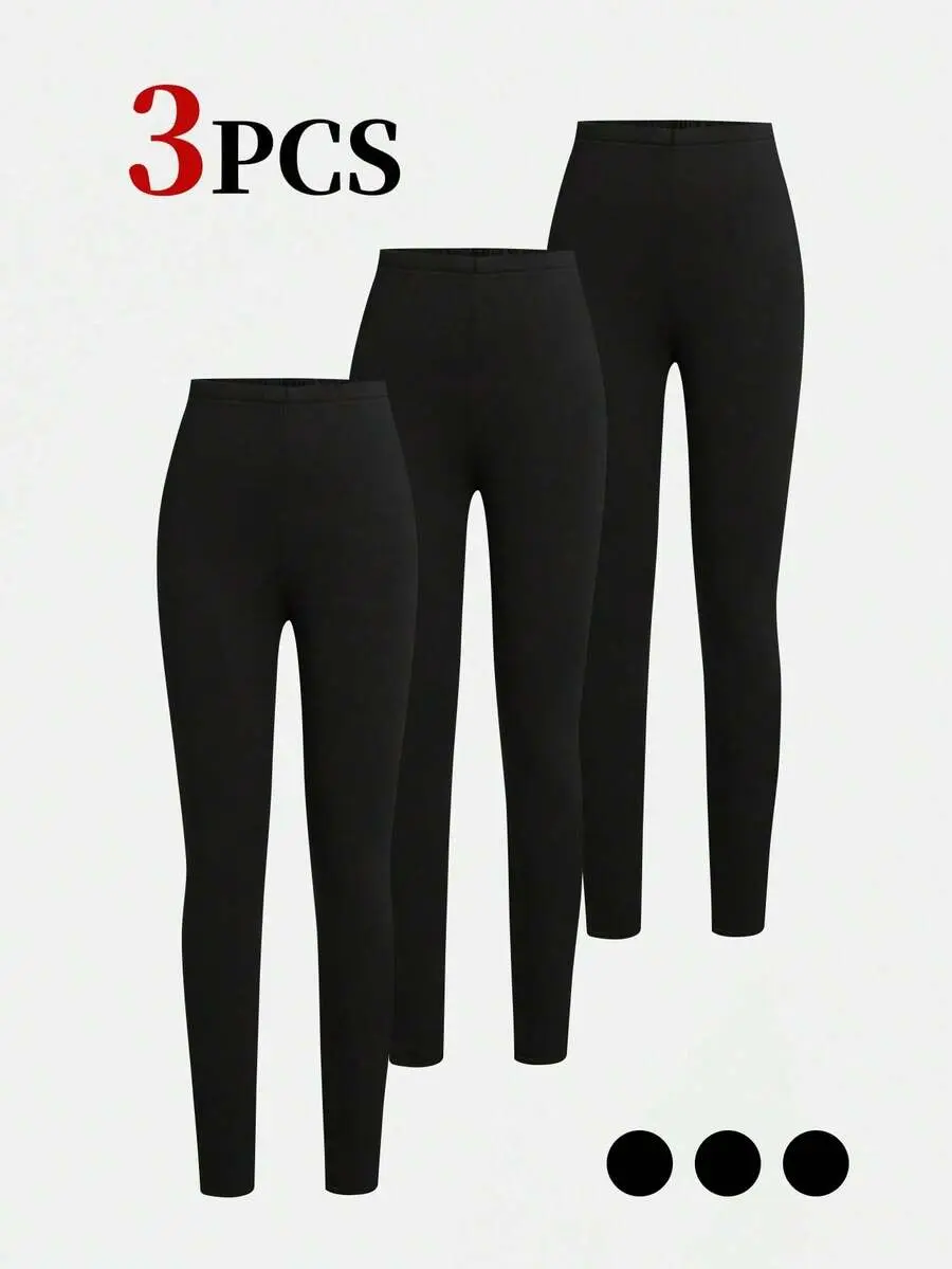3pcs Solid Color Basic Skinny Sports Leggings For Teen GirlSuitable For Spring & Summer, Can Be Worn Alone Or Layered