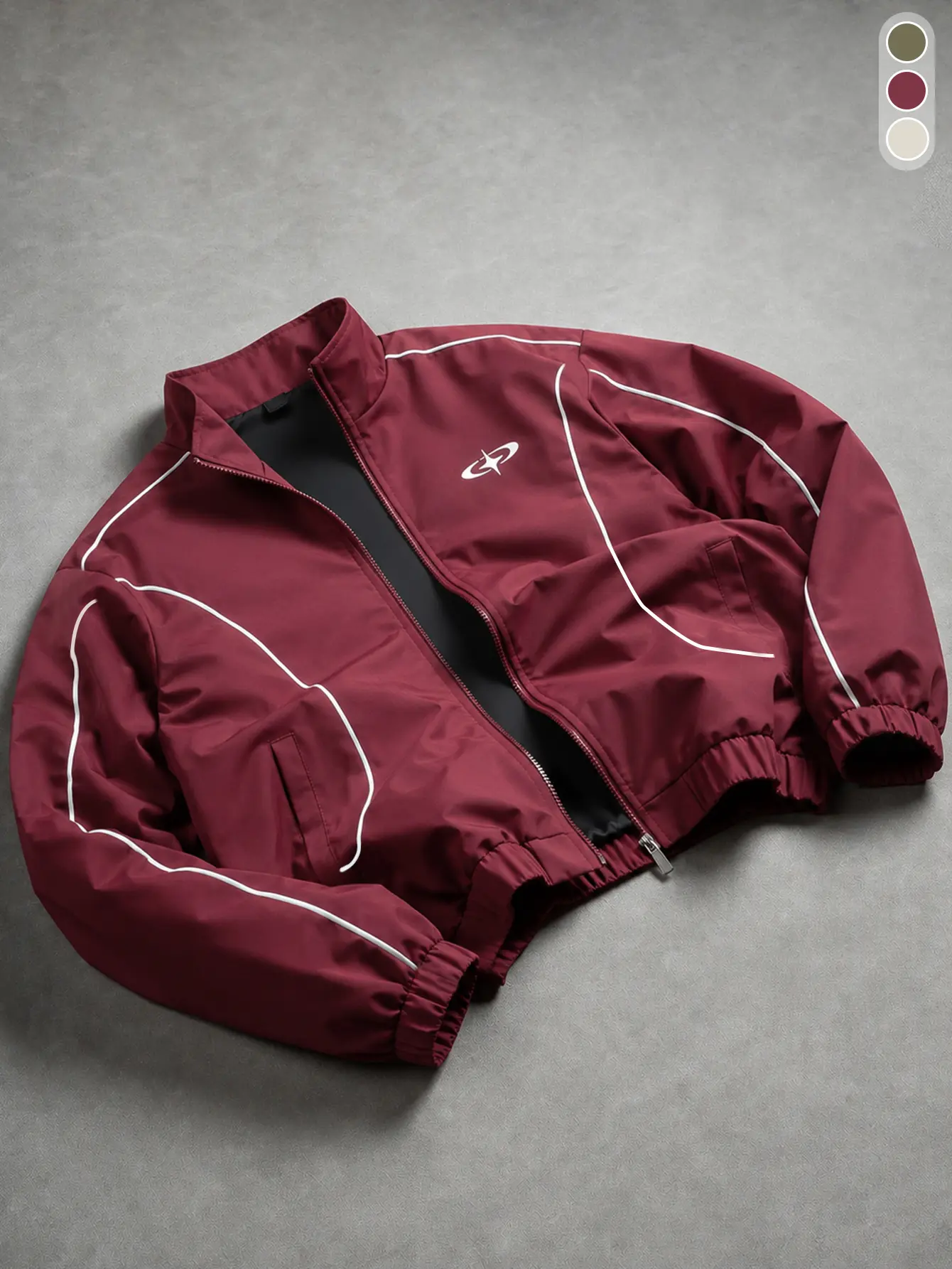 Men's American vintage stand collar jacket | Wine red color-block Star logo streetwear jacket, high-street style loose casual sports top