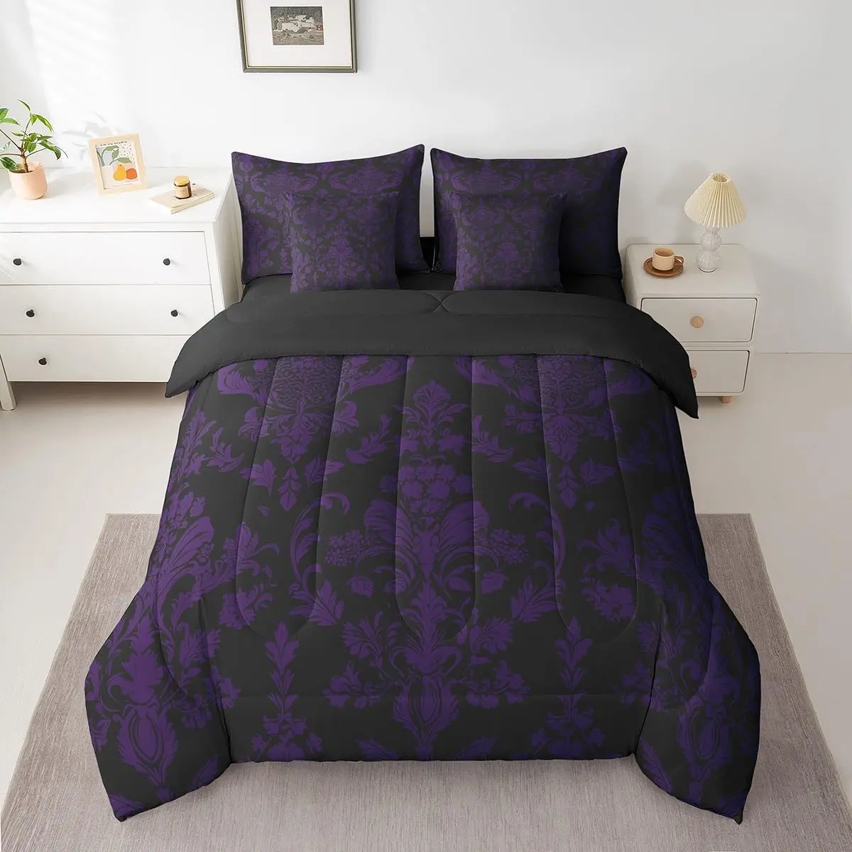 Feelyou Purple Black Vintage Damask Floral 7-Piece Bedding Set - Microfiber, Soft, Gothic Bohemia Oriental Antique Bed-in-A-Bag with Sheets, Breathable Duvet Set, Microfiber Bedding Set, Soft Bedding Set