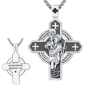 Thanches 925 Sterling Silver St. Christopher Jesus Cross Medal Necklace for Men Women Travel Protection Pendant Religious Iconic Design Archangel Amulet Jewelry Gift Iconic Design