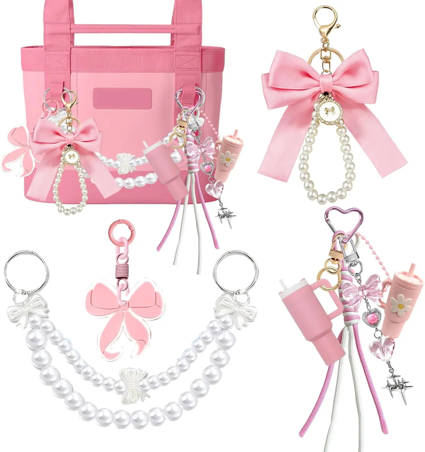 8PCS Tote Bag Decor Kit, Decorative Bow & Pom Pom Accessories, Compatible with YETI Camino 20/35/50 Carryall, Bogg Beach Tote Bags(Pink Peony)