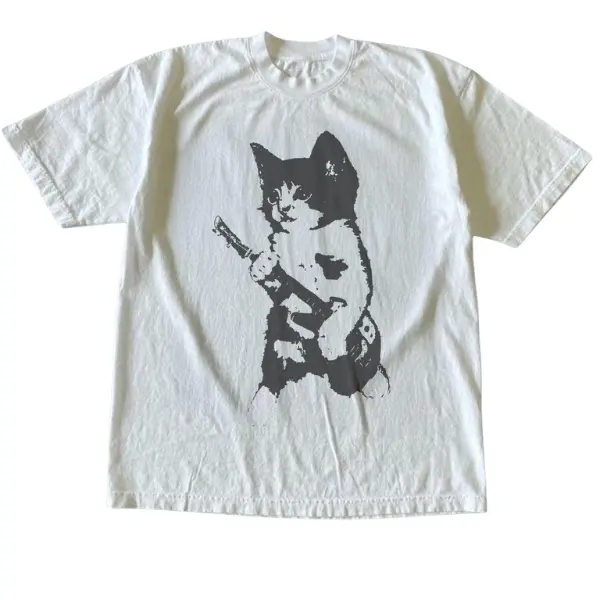 Vintage Style Rockstar Kitten Y2K Shirt 90s Aesthetic T-Shirt - Vintage Graphic Tee – Menswear & Womenswear – Streetwear Tops – Casual Cotton Crewneck Shortsleeve T-shirt