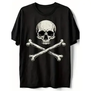 Men's & Women's Vintage Pirate Jolly Roger T-Shirt - Heavyweight Pure Cotton Short Sleeve Round Neck Gothic Biker Style with Skull & Crossbones Print - All-Season Casual Wear for Motorcycle Riding & Themed Costume 220G