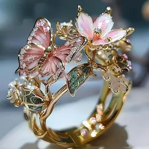 Delicate shiny drop oil butterfly flower Ladies Open pink ring