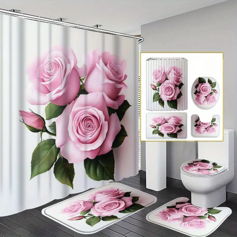 4pcs Pink Roses Woven Polyester Stretch Hooked Curtain Set - Bathtub Decor with Bath Rug, U-Pad, Lid Cover & 12 Hooks, 70.87x70.87in Curtain, Romantic Valentine's Day Bathroom Supplies Ensemble