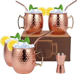 Moscow Mule Mugs Set of 9-20oz Hammered Moscow Mule Mugs Drinking Cup 304 Stainless Steel with 4 Straws-1 Jigger- Dining Entertaining bar  Set Mug Set of 4 (double jigger included)