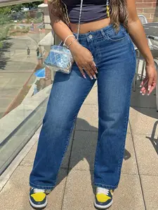 Women's Spring & Fall Fashion Jeans, Washed Blue Elastic Slim Fit Straight Leg Pants, Casual Commuter Denim Trousers