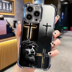 The Holy Cross Pattern Four Corner Anti-Fall Phone Case Transparent Electroplated Protective Cover for IPhone 16 Pro Max 15 Plus 14 13 12 11 E