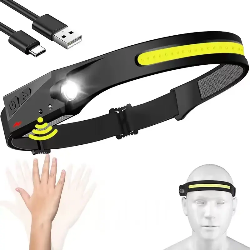 Rechargeable LED Headlamp with 4 Lighting Modes, Motion Sensor, Wide COB Floodlight & Spotlight, Lightweight Hands-Free Headlight for Running, Camping, Dog Walking, DIY & Emergencies