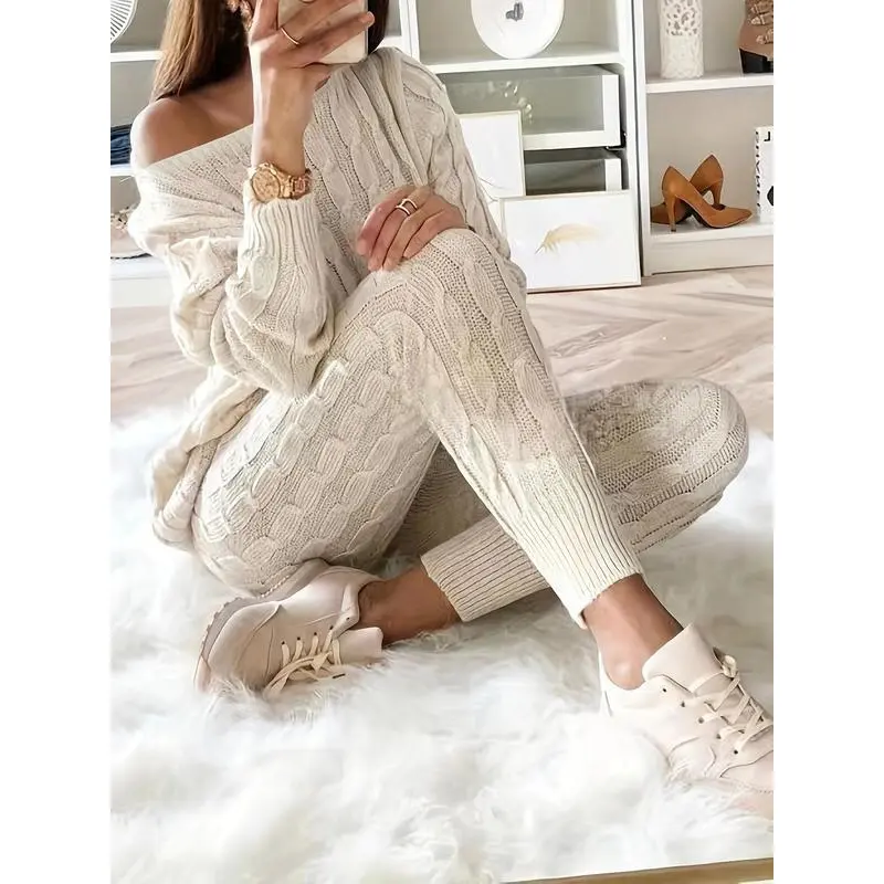Women's Solid Sweater & Pants Set, Casual Fashion Cozy Top & Trousers for Fall, 2 Piece Sets Women, Women's Fall Knitwear Outfits, Sweater Sets, Sweater Co-ords