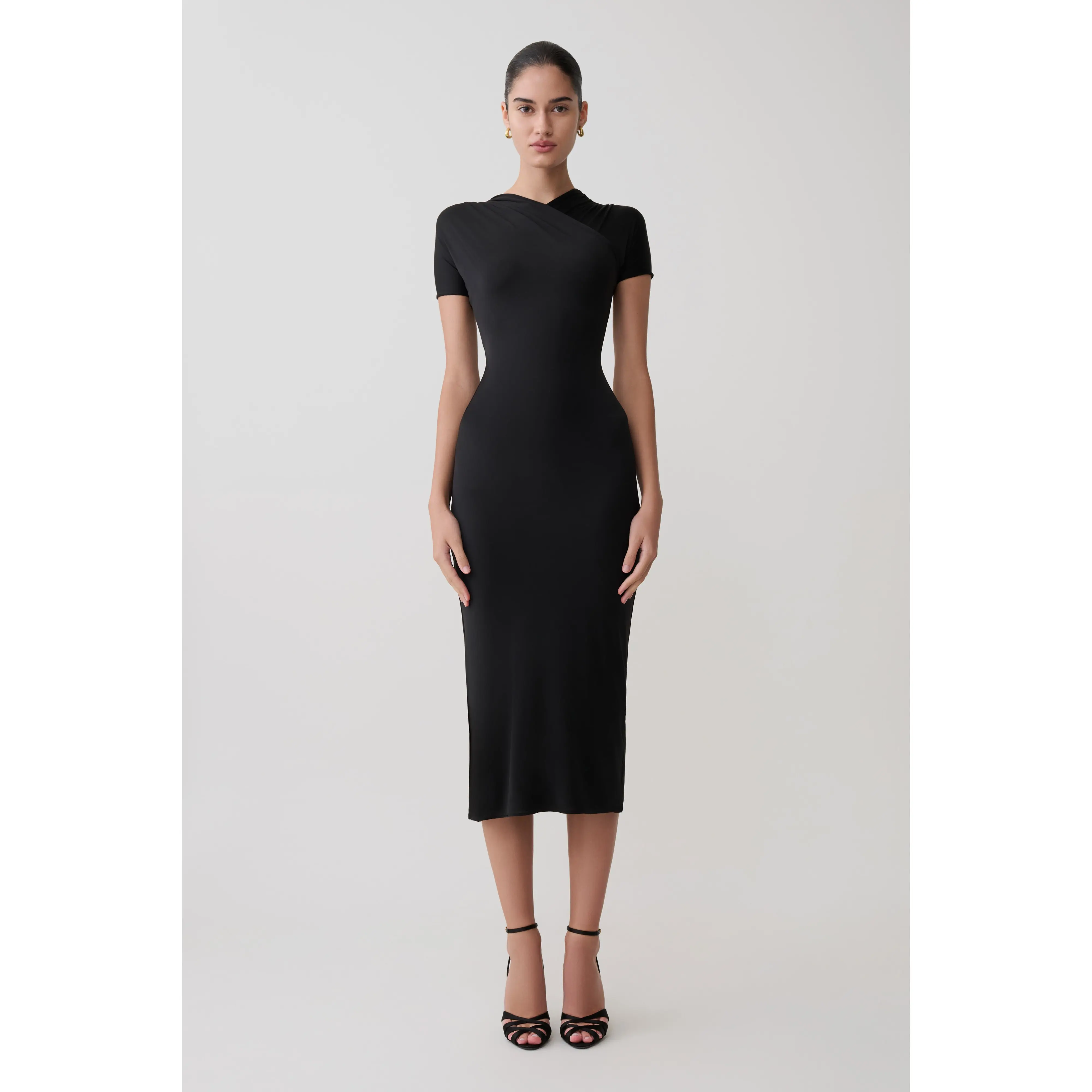 Junie Cross-Over Neck Slinky Maxi Dress - Black