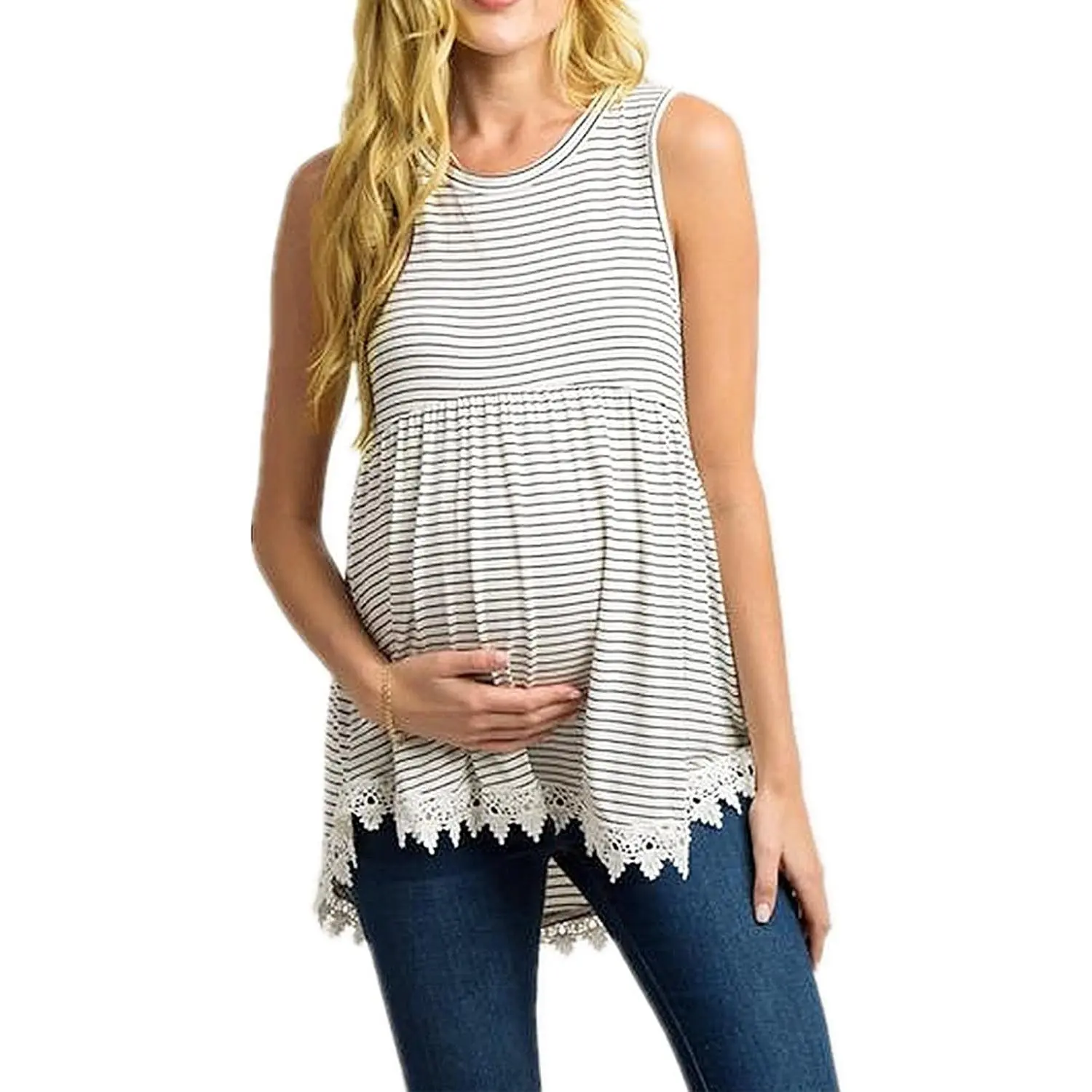 Women's Maternity Tank Top Sleeveless Lace Crochet Trim Peplum Cami Shirts
