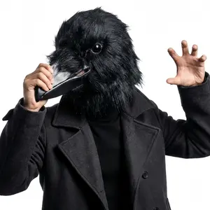 Gothic Black Crow Full Head Mask, soft latex with plush fur, Halloween cosplay costume for carnival, photo booth, and party. SKU name: Gothic-Crow-Mask-Plush-Fur