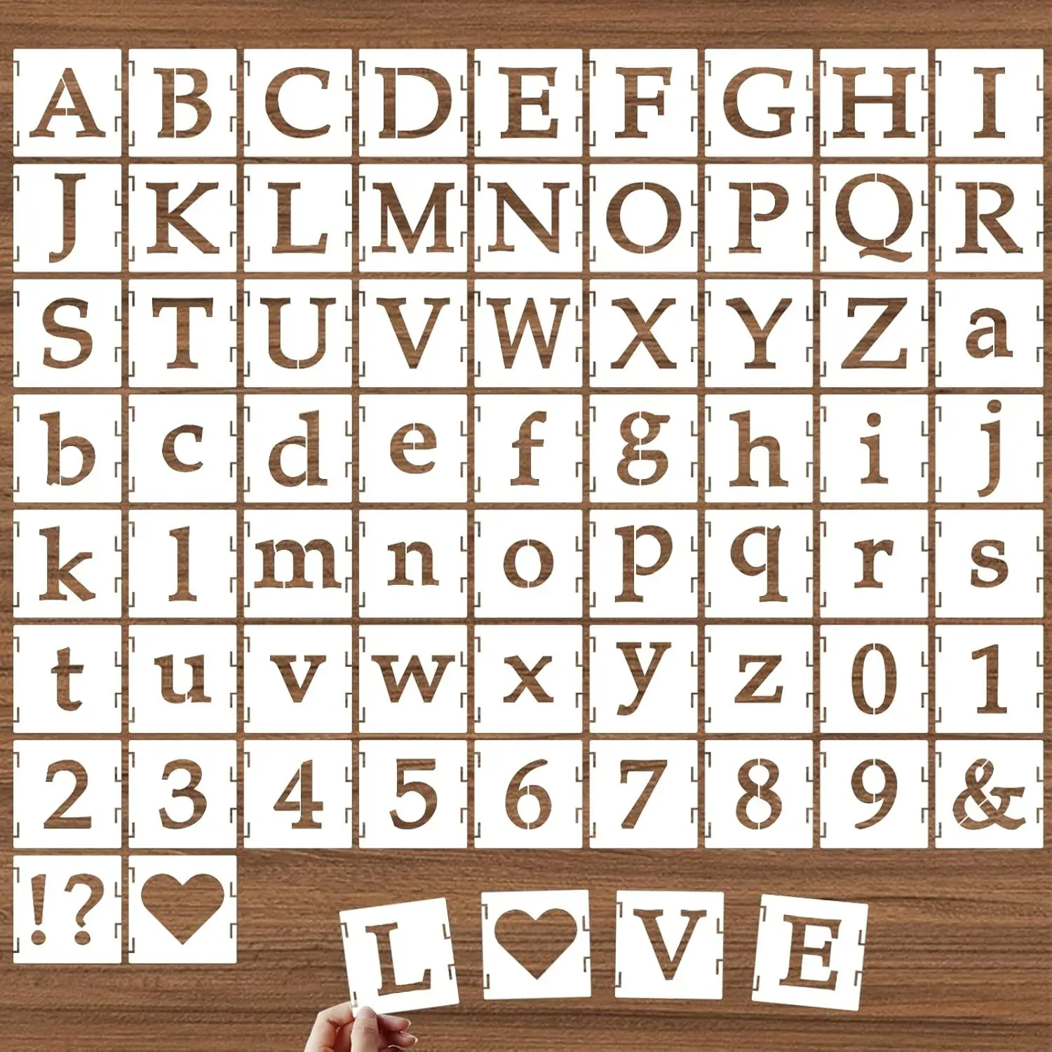 1.5 Inch Alphabet Letter Stencils, 65 Pcs Reusable Plastic Letter Number Symbol Interlocking Drawing Template Kit for Painting on Wood, Wall, Fabric, Rock, Signage, Door Porch (1.5 Inch)