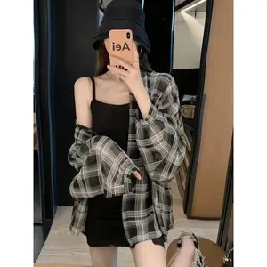 Long-sleeve Plaid Blouses for Women, Sun-resistant Shirt, Chic, Korean, Elegant Vacation, Simple, Ladies, Summer, 03/Outerwear Top Womenswear Casual Picture Color