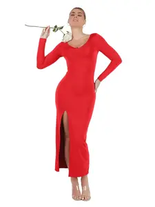 Popilush The Shapewear Dress Long Sleeve V-neck Split Maxi Dresses Casual Womenswear Cotton Fit Fabric Elastic