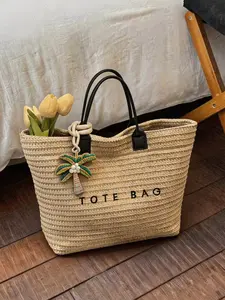 Women's New Large Capacity Letter Design Straw Tote Bag, Handheld Shoulder Bag for Daily Use, Beach Vacation, Outdoor Activities